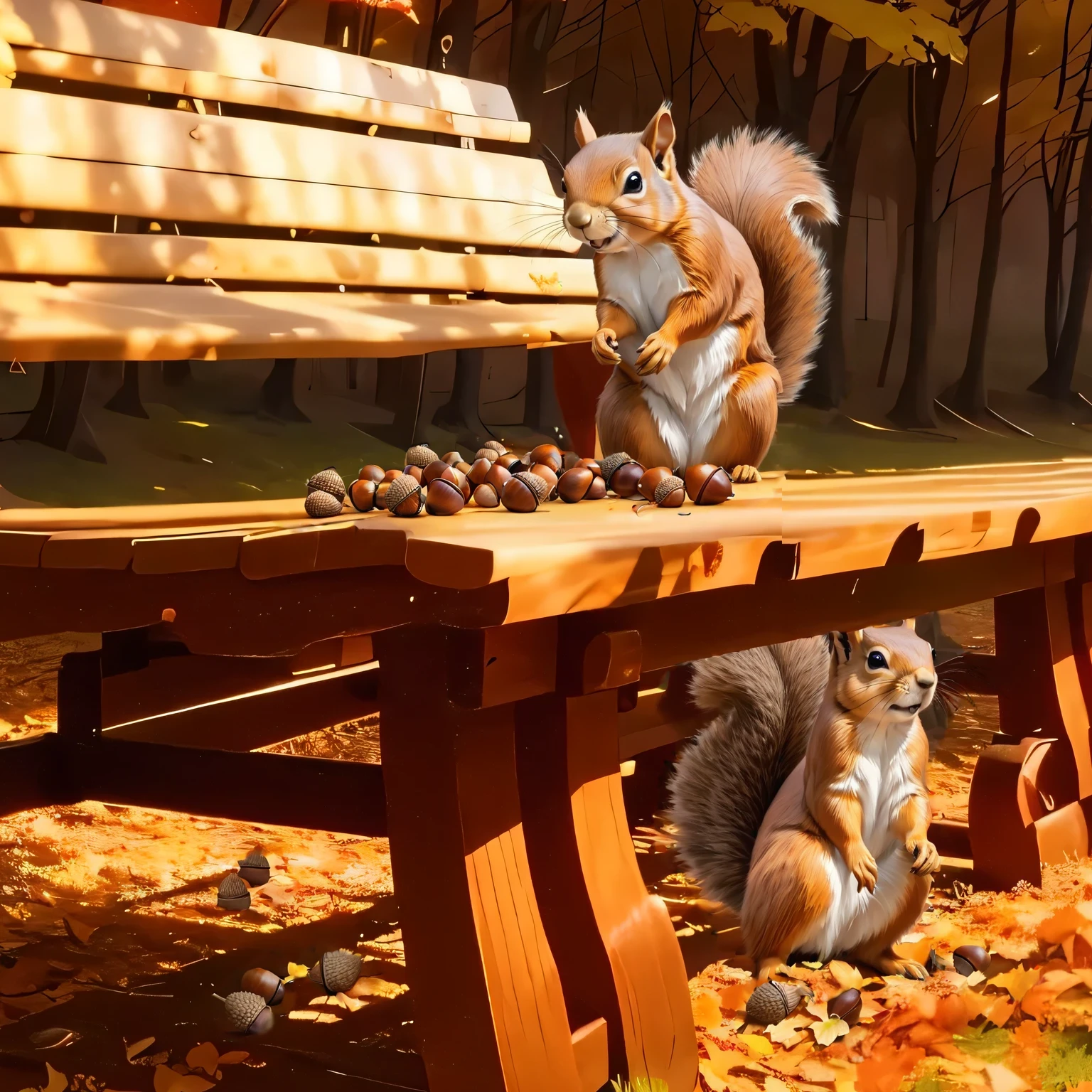 (8K, 16K, Awards, Highest quality, High resolution, Very detailed,Anatomically correct, Realistic, RAW Photos, Tabletop: 1.1),
(squirrel:1.5),一匹のsquirrelはベンチの下,