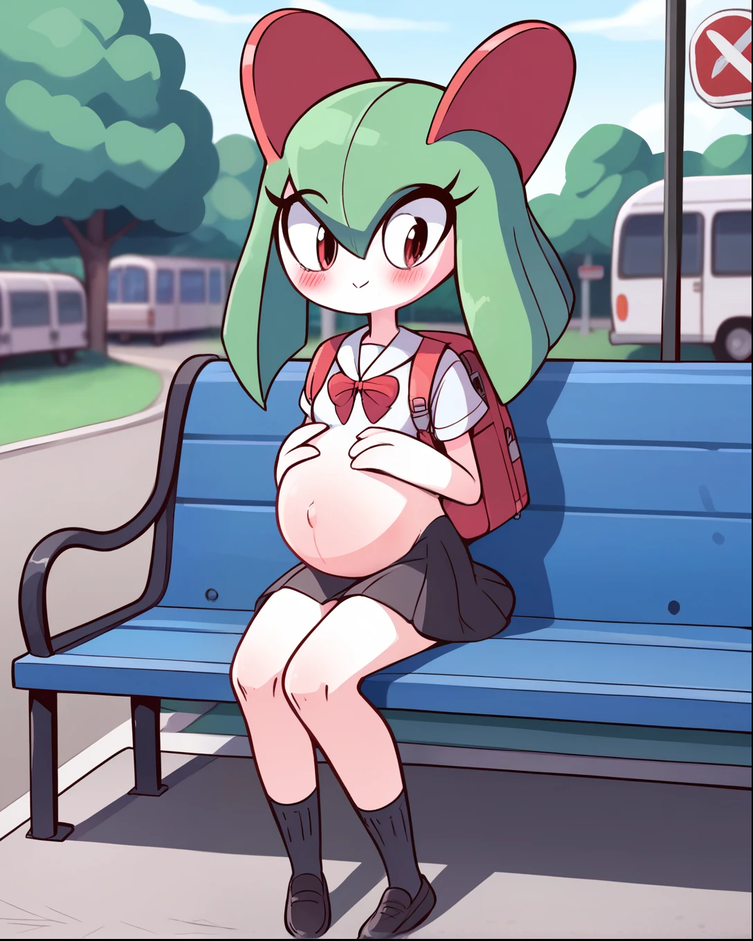 score_9, score_8_up, 1girl, kirlia, happy, full body, outdoors, human proportions, looking at viewer, by diives, pregnant, pregnancy, shy smile, rubor, mirada tranquila, tranquila, sentada, bench, bus stop, bus station, blue bench, park, manos en el vientre, hands on belly, , black skirt, short skirt, ((anime school uniform)), shy, shame expression, shy, blush, embarrassed expression. Back pack, backpack on the floor, mochila en el suelo.