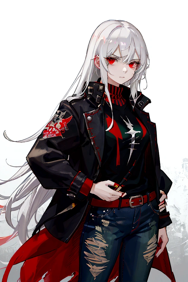 (work of art), (best quality), (1girl), White hair, Red eyes, menacing look, distressed jeans, black and red striped t-shirt, green coat
