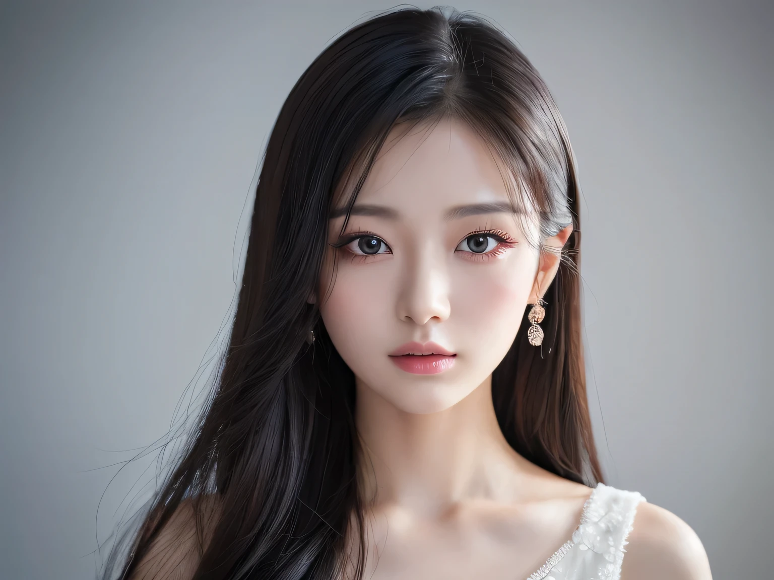 Fashion trendy beautiful and charming woman, gentle and charming Chinese beautiful woman, Korean(kpop-idol), delicate and sexy collarbone, charming oval face, double eyelids, smart [peach]blossom eyes, pink lips, small nose, bare shoulders, focus on the face, close-up of the face, Ultra-high-definition, super-detailed, the ((loose)), white off-the-shoulder shirt perfectly echoes the light blue high slit miniskirt, (chest cutout). ((black)lace panties), fresh and impressive, Natural(medium breasts:1.25), (nsfw:1.2)