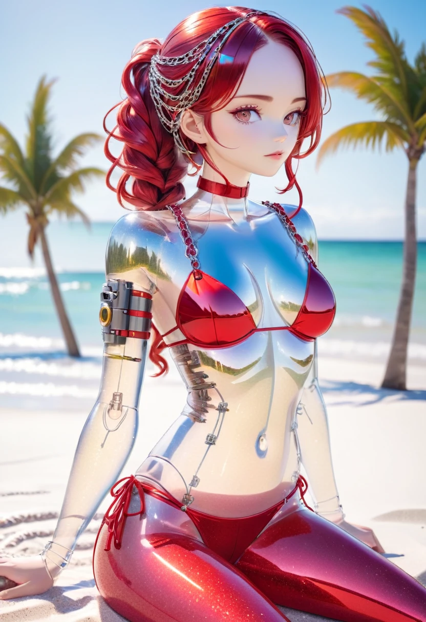 best quality, super fine, 16k, 2.5D, delicate and dynamic depiction, mechanical cyborg with fully mechanical body, hair made of chains and illuminated cable, deck chairs, beach umbrellas, beautiful white sand beaches, transparent, translucent, iridescent glitter, ascii_art, BREAK , eyes flashing red, wearing red bikini
