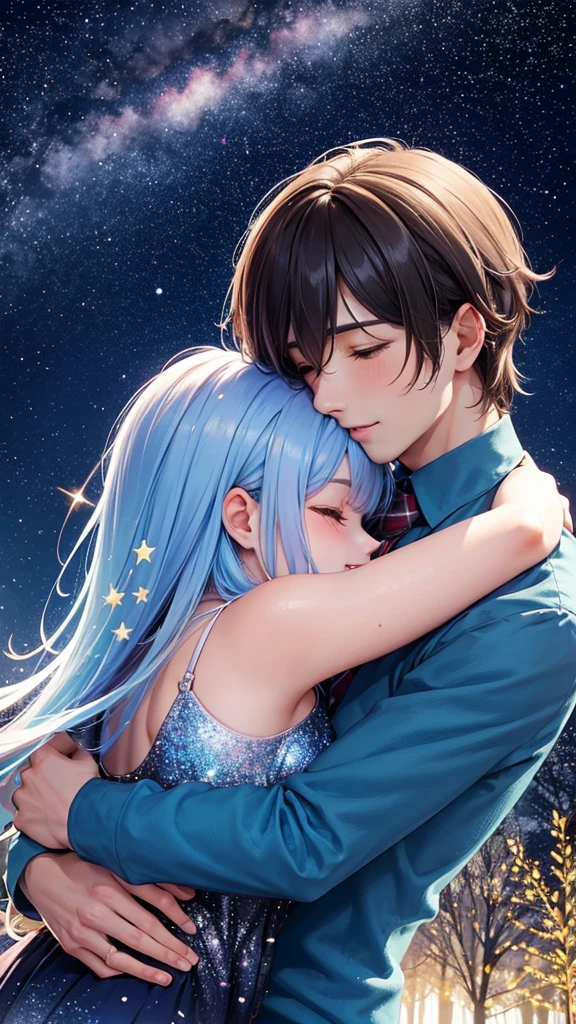 colorful forest, Sky with Stars,Glitter, a man and a Woman hugging