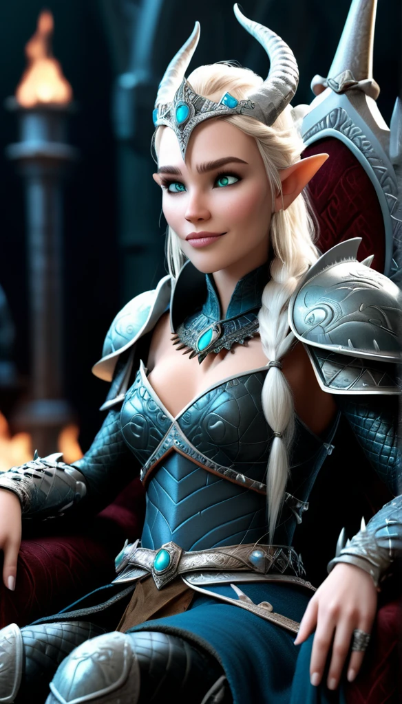 Astrid de "How to Train Your Dragon", reimagined as the Lich Queen of Warcraft, sit in trhone like game of thrones, high quality, HDR, 4k resolution, 3d modeling, realism, high texture and detailed., photo, illustration, 3d render, poster, cinematic, fashion