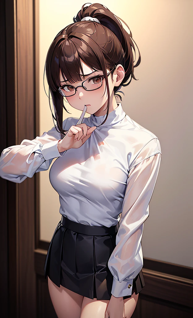 masterpiece, best quality, ultra detailed, ultra high resolution, very detailed face, solo, ((raw photo)), 22 years old japanese girl, (((white blouse))), (((black tight skirt))), glasses, ((brown bob hair, ponytail)), (((medium breast))), (six pack abs:1.2), ((bad mood)), in the night room