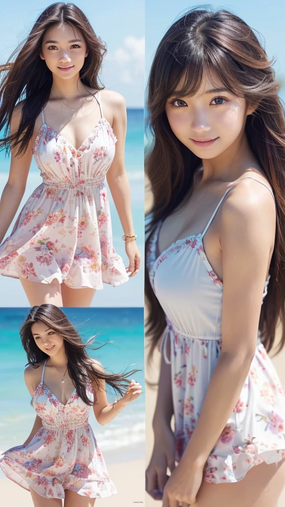 (Highest quality, masterpiece, Ultra-high resolution, (Realistic:1.4), RAW Photos, Depth of written boundary, Professional Lighting, Perfect Anatomy, Very detailed), One girl, , The most famous Japanese idols, (Wear beautifully designed summer clothes), Have fun at the beach in summer, (Very cute face like the most popular Japanese idol), ((Very cute and very big realistic eyes)), (Very beautiful hair), (((Very beautiful、Highly realistic skins))), Very beautiful body, Dynamic pose, View your viewers, An innocent smile, ((Summer beach details)), ((Beautifully designed detailed summer dress))