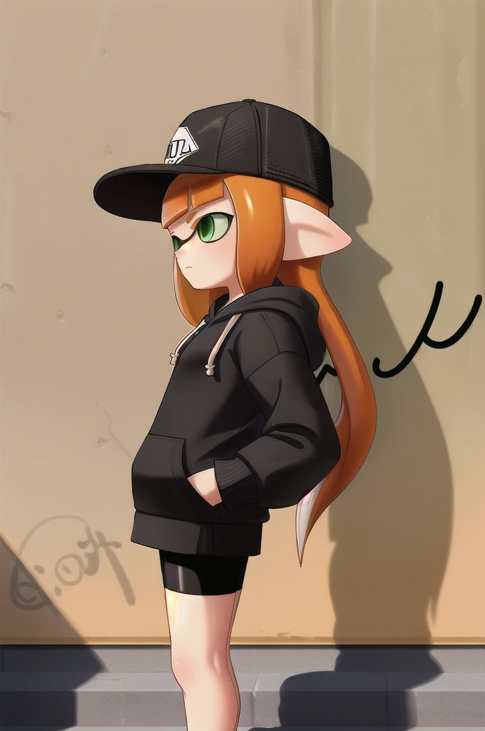 1girl, solo, long hair, long sleeves, hat, closed mouth, green eyes, standing, cowboy shot, outdoors, shorts, day, pointy ears, signature, hood, blunt bangs, orange hair, from side, short shorts, black headwear, hoodie, shadow, black shorts, hood down, bike shorts, baseball cap, tentacle hair, stairs, hands in pockets, drawstring, logo, shade, against wall, wall, graffiti, inkling, inkling girl,big muscles