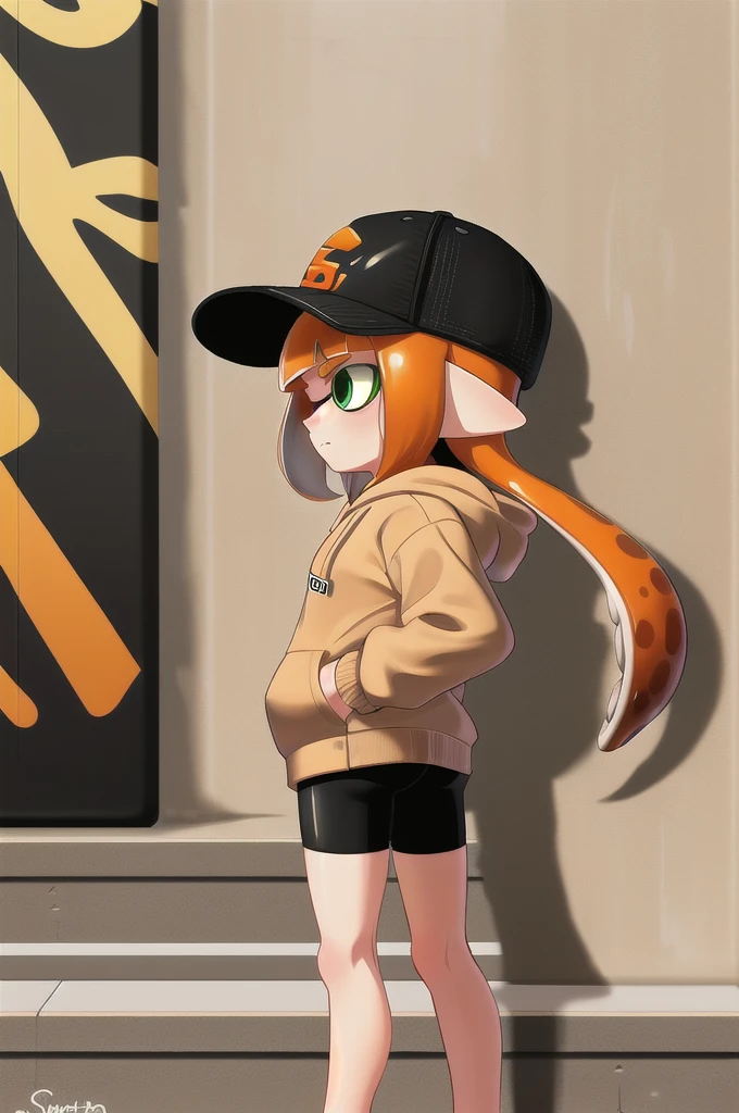 1girl, solo, long hair, long sleeves, hat, closed mouth, green eyes, standing, cowboy shot, outdoors, shorts, day, pointy ears, signature, hood, blunt bangs, orange hair, from side, short shorts, black headwear, hoodie, shadow, black shorts, hood down, bike shorts, baseball cap, tentacle hair, stairs, hands in pockets, drawstring, logo, shade, against wall, wall, graffiti, inkling, inkling girl,big muscles