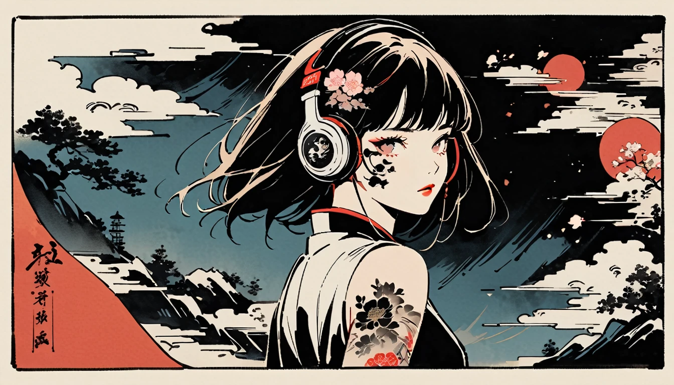 Ink Painting, (((1 girl))), (((Tattoo on face))), sunglasses, Japanese style headphones, beautiful girl, Black Hair, Delicate and precise, Modern ukiyo-e style, Darkness