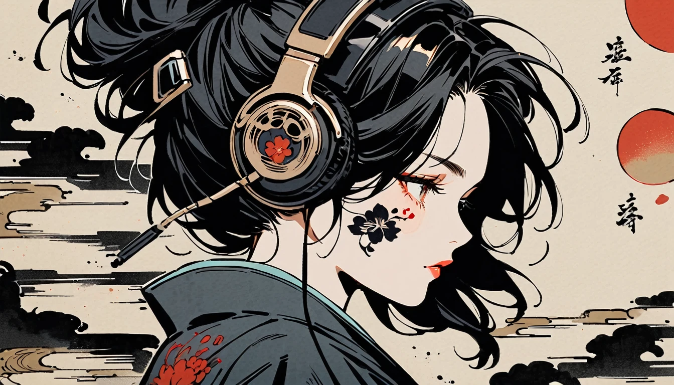 Ink Painting, (((1 girl))), (((Tattoo on face))), sunglasses, Japanese style headphones, beautiful girl, Black Hair, Delicate and precise, Modern ukiyo-e style, Darkness
