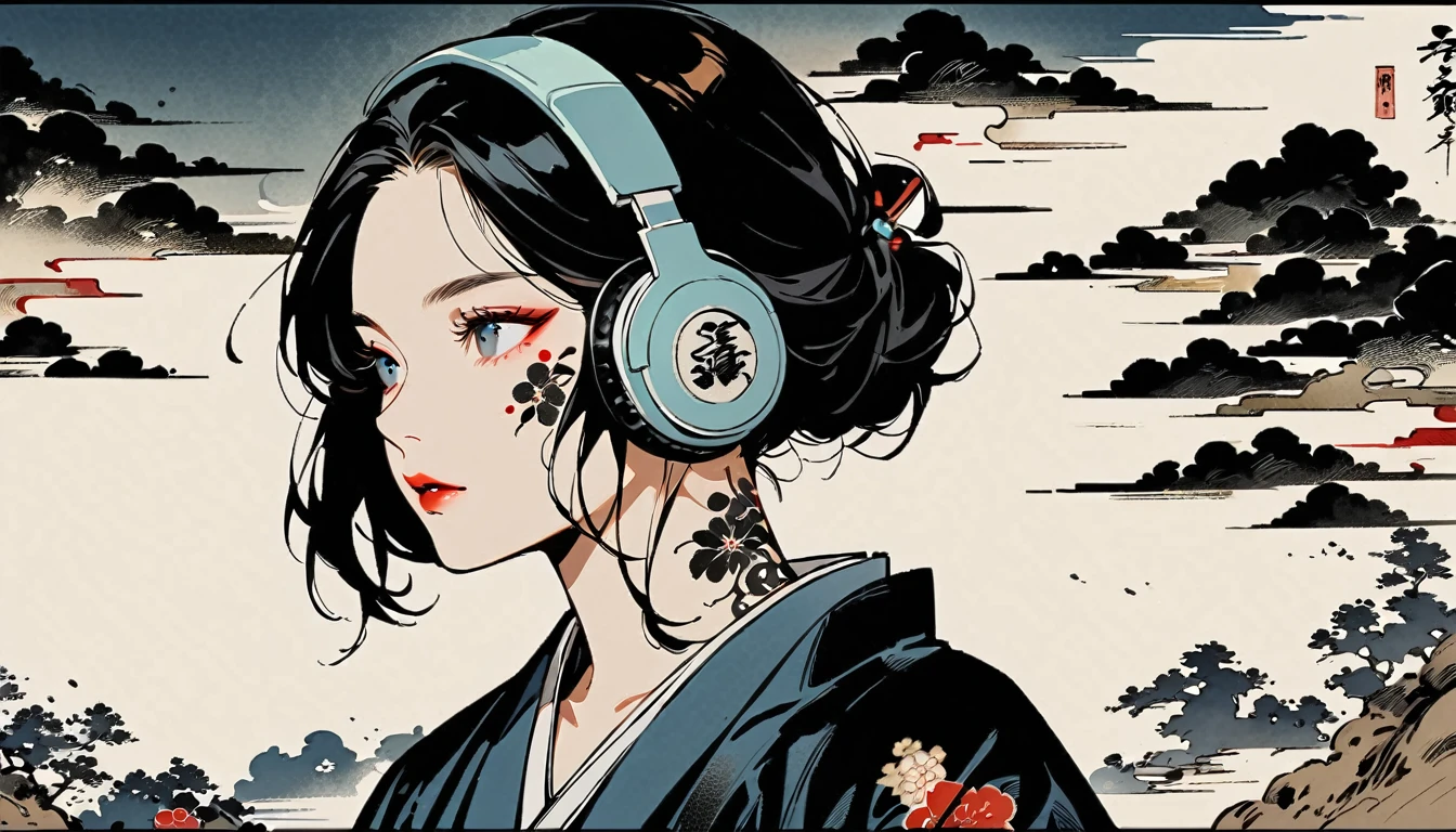 Ink Painting, (((1 girl))), (((Tattoo on face))), sunglasses, Japanese style headphones, beautiful girl, Black Hair, Delicate and precise, Modern ukiyo-e style, Darkness