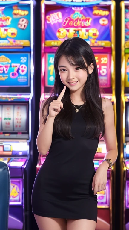high quality, detailed,((a girl gets excited after hitting the jackpot "777" on a slot machine and points her finger at the number "777" on the screen of the slot machine:1.68)),feminine,((no manicure)),((baby face:1.37)),((very cute face:1.37)),((small nose,slim waist:1.68,small hip:1.68)),the girl is wearing very sexy dress,