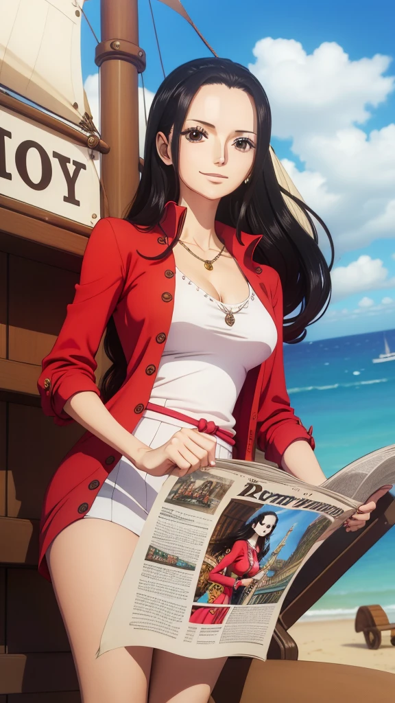 best qualityer, ​masterpiece, u detailed, from one piece, Estilo One Piece, Local art, arte chave, Ship, bookcase, black haired woman long hair, Happy expression and laughter, Pose for Photo, majo, glad, diary on her hand, perfect hands, nico robin, vestindo roupas pretas, middlebreasts, Reading the newspaper, on the mast of the sexy ship