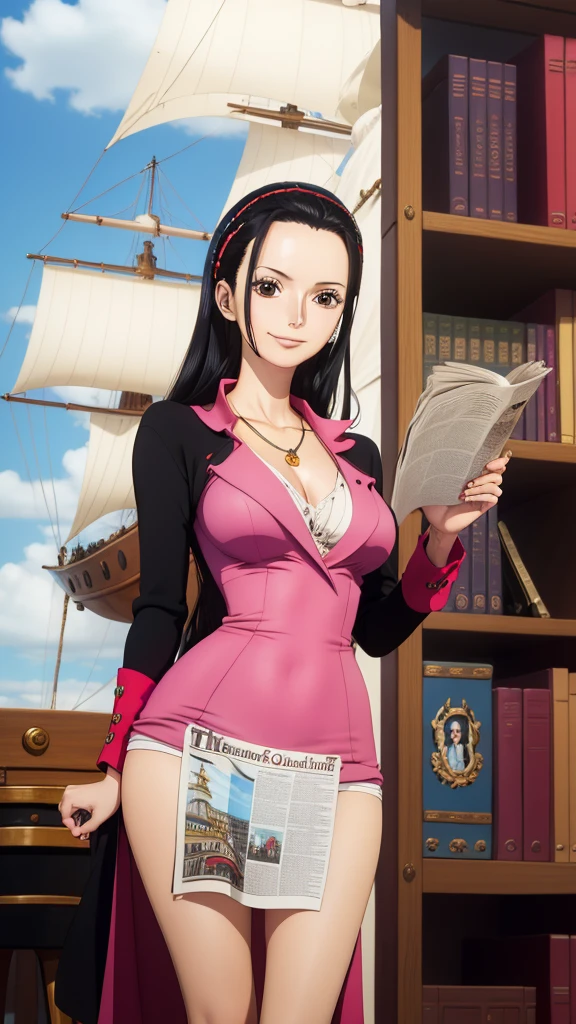 best qualityer, ​masterpiece, u detailed, from one piece, Estilo One Piece, Local art, arte chave, Ship, bookcase, black haired woman long hair, Happy expression and laughter, Pose for Photo, majo, glad, diary on her hand, perfect hands, nico robin, vestindo roupas pretas, middlebreasts, Reading the newspaper, on the mast of the sexy ship