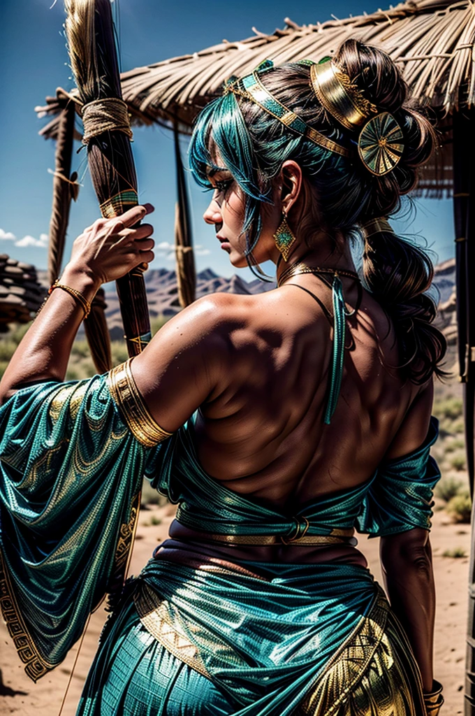 A female archer wielding a bow. She wears a gold headdress with a blue and green gemstone. Desert background. Blush and black eyeliner. View from behind. Round butt
