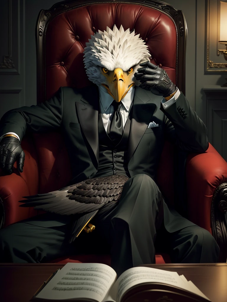 Anthropomorphic eagle wearing a black suit，Sitting in a chair like a company president, YouTube video screenshot, The bird is wearing a black tie, Real-life stills, Live action scenes, Threatening gaze, gentleman, Very emotional, Music video screenshot,Gangster，Gangster style，The overall color is gray-green，Real atmosphere，Dark Mansion
