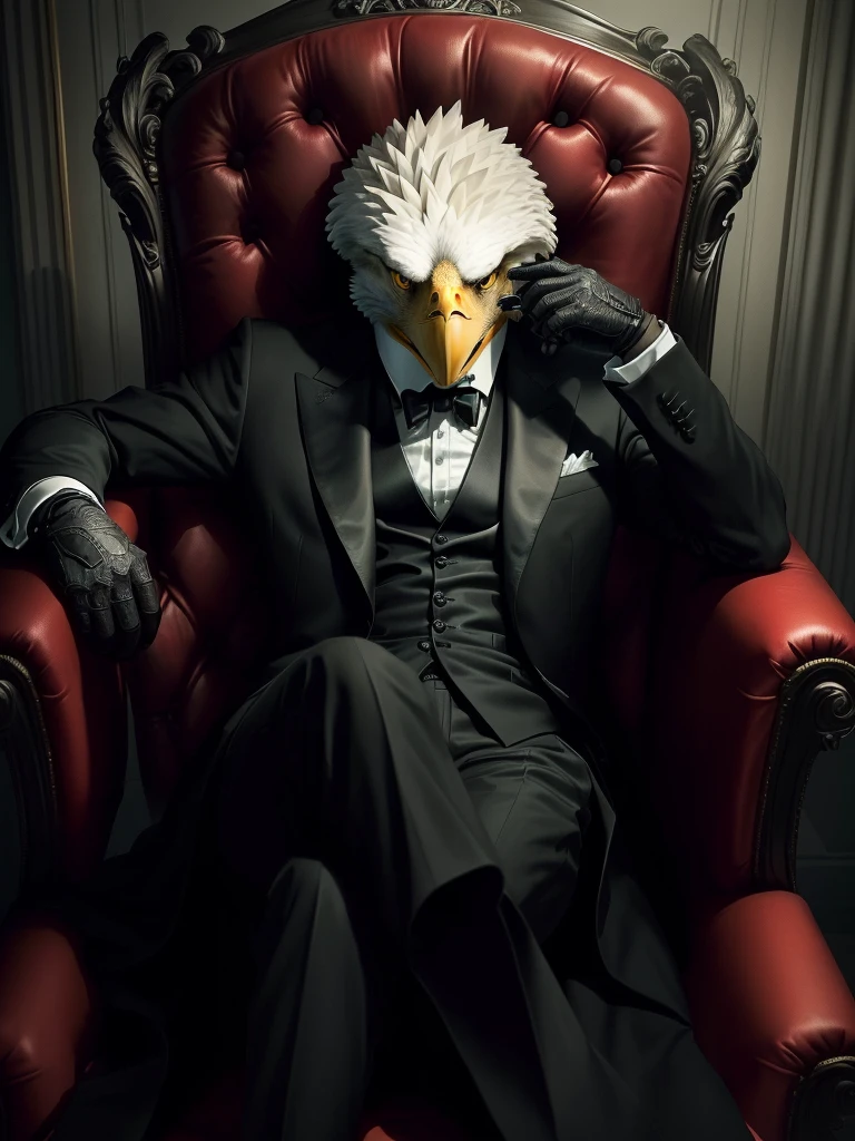 Anthropomorphic eagle wearing a black suit，Sitting in a chair like a company president, YouTube video screenshot, The bird is wearing a black tie, Real-life stills, Live action scenes, Threatening gaze, gentleman, Very emotional, Music video screenshot,Gangster，Gangster style，The overall color is gray-green，Real atmosphere，Dark Mansion