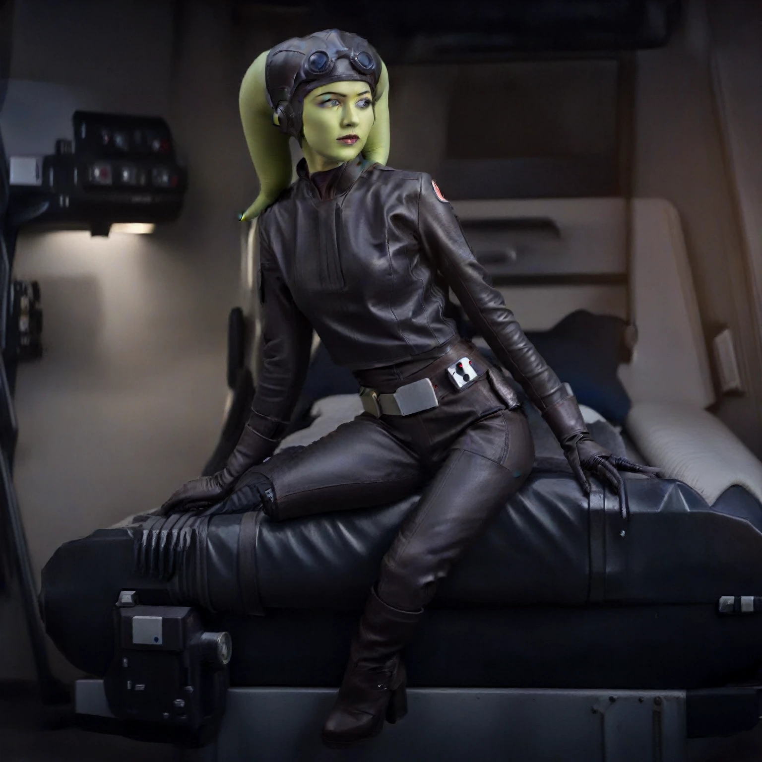 score_9, score_8_up, score_7_up, score_6_up, 2d, rating_questionable, rating_safe, BREAK a cinematic film portrait still of a young and attractive ((green skin)) Female Twi'lek (((hera syndulla ))), pale instagram model wearing Tie Pilot uniform, wearing an officer cap, sitting on her sci-fi bunk bed, in a sci-fi ship, full body shot . shallow depth of field, vignette, highly detailed, high budget Hollywood movie by baz luhrmann, bokeh, cinemascope, moody, epic, gorgeous, film grain, grainy