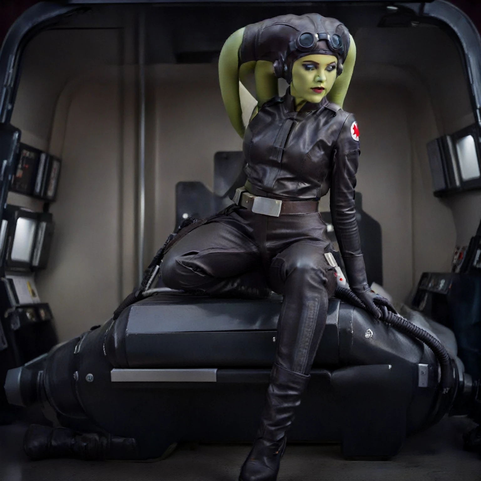 score_9, score_8_up, score_7_up, score_6_up, 2d, rating_questionable, rating_safe, BREAK a cinematic film portrait still of a young and attractive ((green skin)) Female Twi'lek (((hera syndulla ))), pale instagram model wearing Tie Pilot uniform, wearing an officer cap, sitting on her sci-fi bunk bed, in a sci-fi ship, full body shot . shallow depth of field, vignette, highly detailed, high budget Hollywood movie by baz luhrmann, bokeh, cinemascope, moody, epic, gorgeous, film grain, grainy