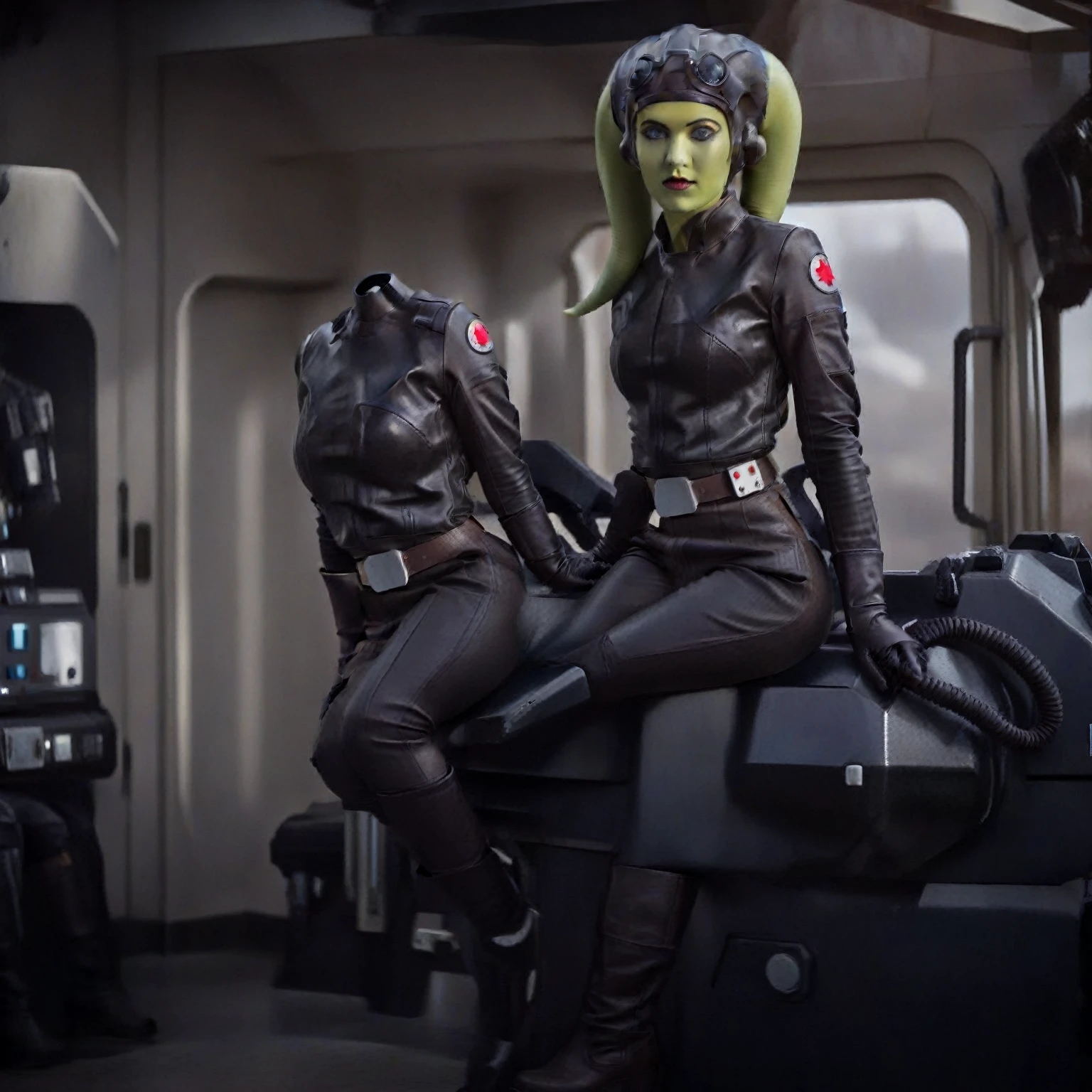 score_9, score_8_up, score_7_up, score_6_up, 2d, rating_questionable, rating_safe, BREAK a cinematic film portrait still of a young and attractive ((green skin)) Female Twi'lek (((hera syndulla ))), pale instagram model wearing Tie Pilot uniform,  wearing an officer cap, sitting on her sci-fi bunk bed, in a sci-fi ship, full body shot . shallow depth of field, vignette, highly detailed, high budget Hollywood movie by baz luhrmann, bokeh, cinemascope, moody, epic, gorgeous, film grain, grainy
