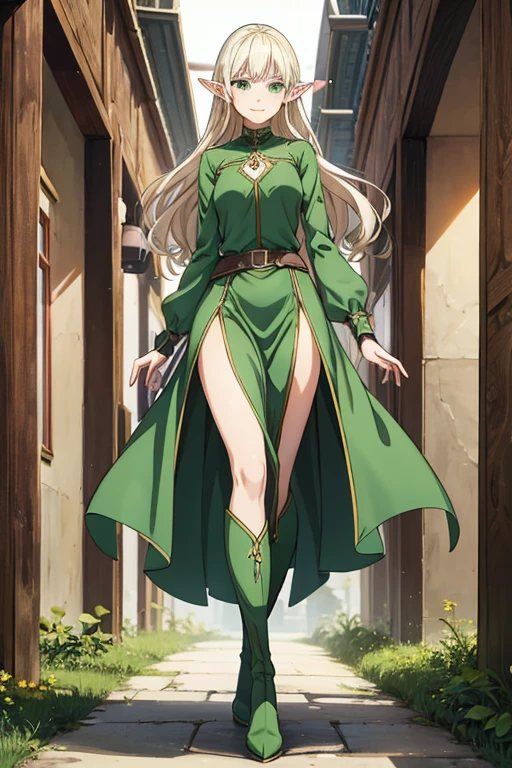 Anime Art、Full body portrait、alone、Fantasy world characters、A tall elf woman, about 39 years old, about 175 cm tall, walking, wearing a green shirt、Long skirt with slits reaching down to the ankles、Smiling、Her hair is curly and semi-long.、Platinum Blonde Hair、Green Eyes、gloves、Flat chest、Knee-high boots