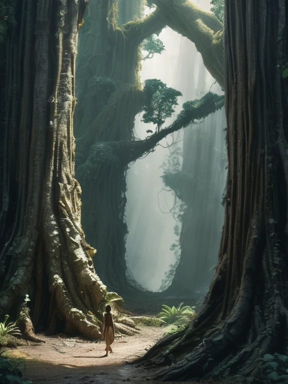 sfw, woman walking in the rain forest towards a highly detailed treant, hollow world, shadows of brimstone, matte painting, highly detailed, natural lighting, dynamic angle, slow shutter speed, narrow angle lens, 35mm, close shot