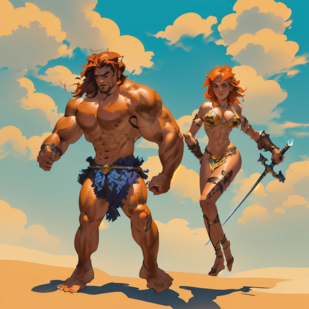 masterpiece, best quality, (extremely detailed CG unity 8k wallpaper), (best quality), (best illustration), (best shadow), absurdres, realistic lighting, (Abyss), beautiful detailed glow, a drawing of a man in a kilt holding a bag, conan the barbarian and red sonja illustration, barbarian, male barbarian, female barbarian, style of frank miller, frank miller style, by Frank Miller, frank frazetta manga style, frank frazetta style, tanned barbarian warriors, strongman beautiful orange haired woman, picture of an adult male and female warrior, fur-clad barbarian and steal ring bikini wearing woman holding a steal sword, muscular character. summer day, blue sky, grass field