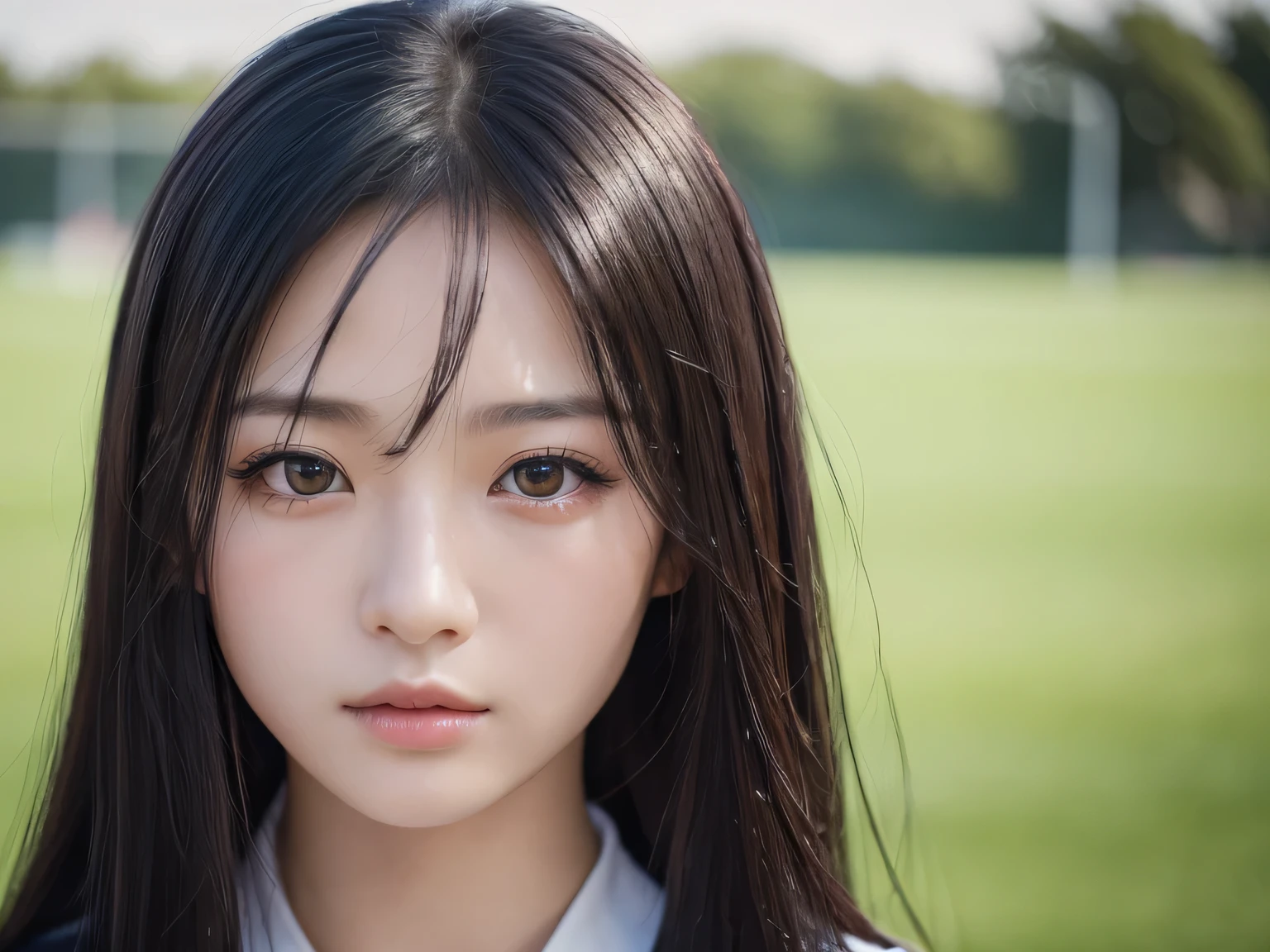 (masterpiece:1.3), (8K, Photorealistic, Raw photo, Best image quality: 1.4), Japanese、26 years old、Football Women、Long Black Hair、Super detailed face、Attention to detail、double eyelid