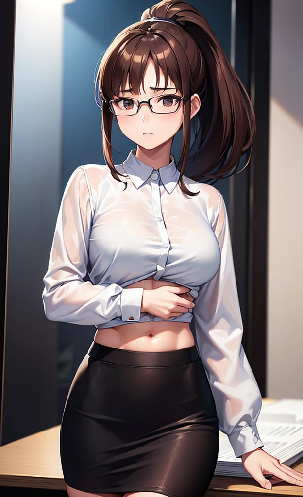 masterpiece, best quality, ultra detailed, ultra high resolution, very detailed face, solo, ((raw photo)), 22 years old japanese girl, (((office lady, white blouse))), (((black tight skirt))), glasses, ((brown bob hair, ponytail)), (((medium breast))), (six pack abs:1.2), ((bad mood)), in the night room