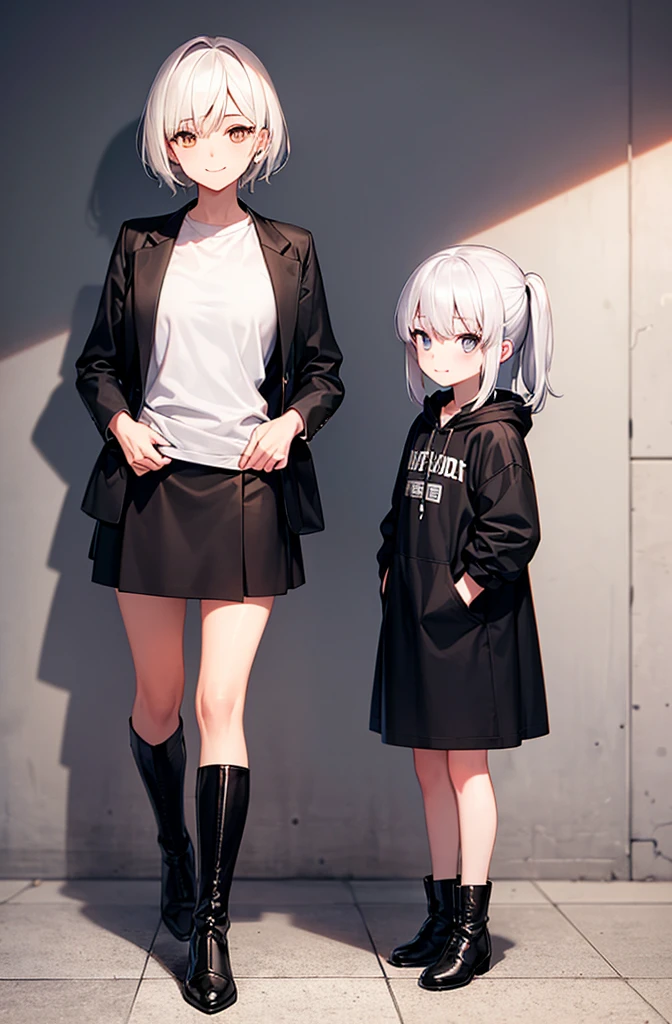 2 girls, White hair, gold eyes, Little smile, black jacket, White shirt, short black skirt,black boots, black face mask, hoodie.