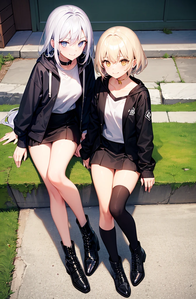 2 girls, White hair, gold eyes, Little smile, black jacket, White shirt, short black skirt,black boots, black face mask, hoodie.