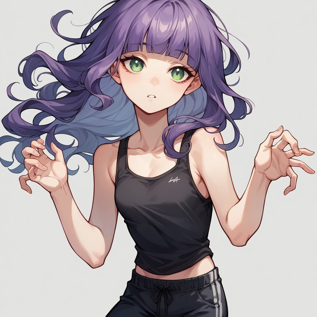 The girl closes her eyes and shouts loudly,pale-purple hair, a dynamic angle, wavy hair blowing in the wind, blunt bangs hair, black and green eyes,small breast, A black tank top showing her slim belly, black drawstring pants,