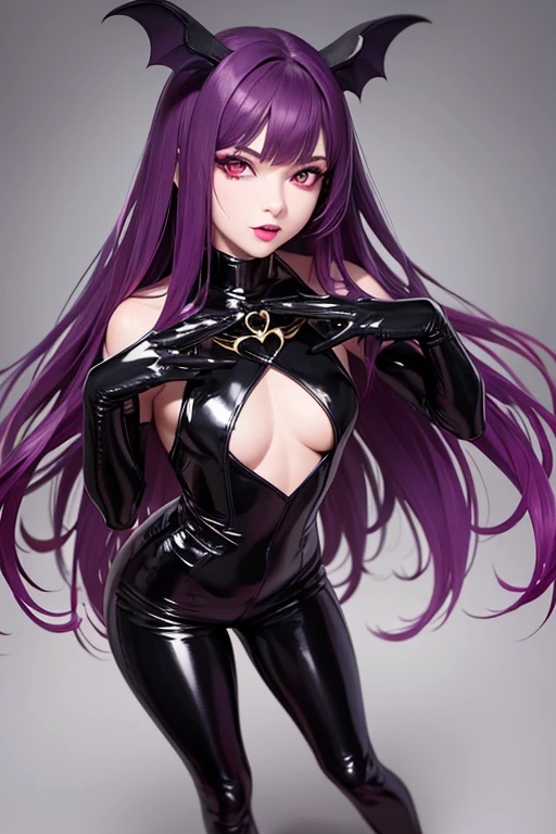 full body image of young woman, height 115 centimeters,  features, chest size 0, posing sexy, purple hair on his head, bat wing ears on his head, black demon tail, Skinny body, red latex suit, black latex stockings, Small ears, thing legs, Red eyes, gothic black eyeliner on his eyes, 5 fingers on 2 hands, black lipstick on lips, bat wings on the back, gold jewelry in hands,