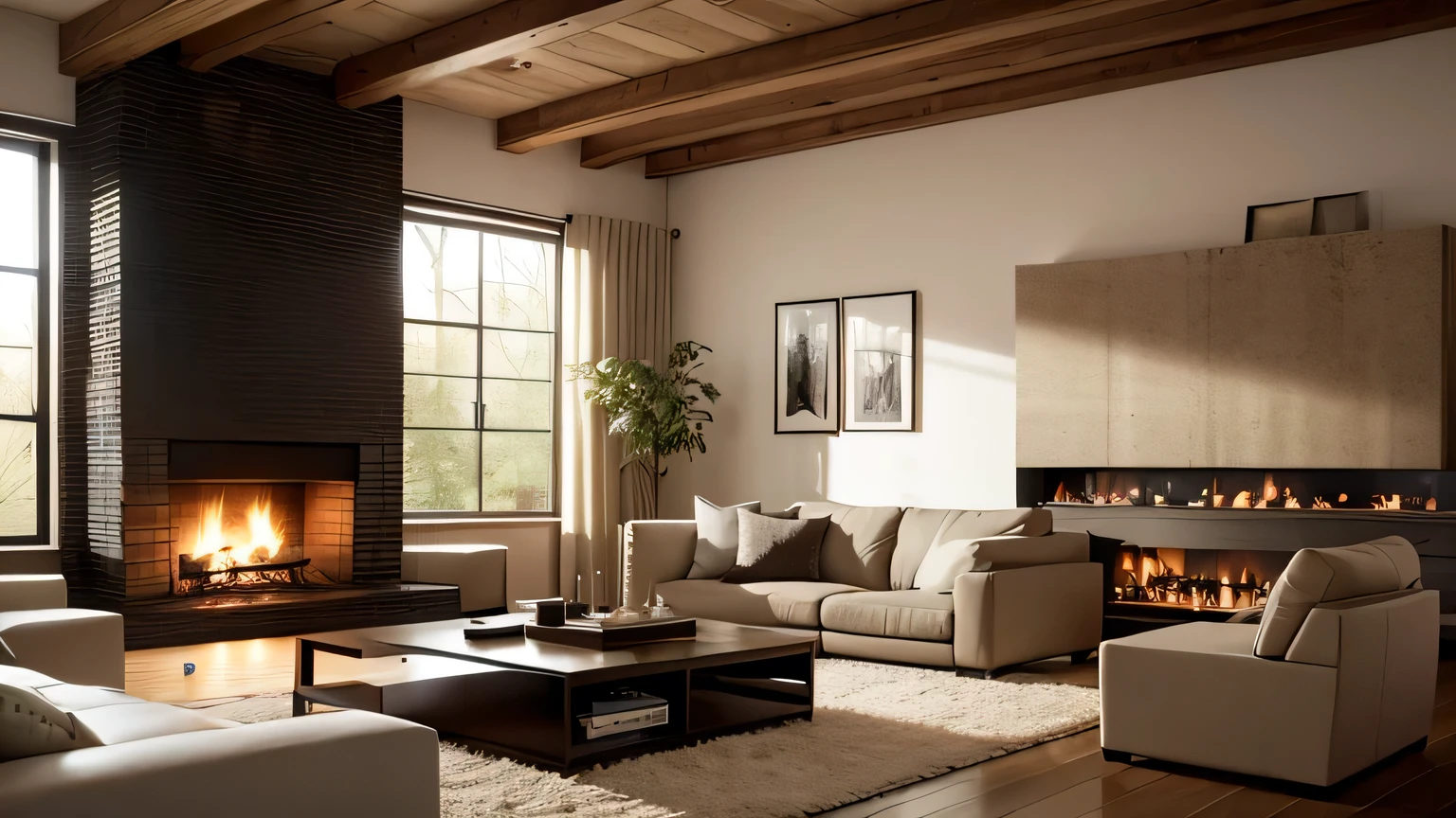 Living room close up with fireplace and sofa, fireplace lighting, cozy fireplace, cozy interior, cozy contemporary living room, cozy atmosphere, large living room installation, fresh and modern look, modern style, warm lighting interior, alighting fireplace,. Modern Rustic, Cozy and Serene, Cozy Atmosphere, Ambiance, Living Room Atmosphere, Warm Interior, Wall TV
