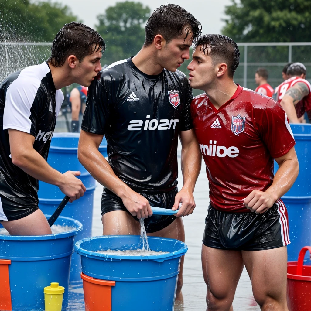 soaked twenty year old men wearing wet football jerseys with soaked hair wearing soaked uniforms. several hockey players in briefs pour buckets of water over them. Wet shirts. Wetlook. Sensual. Kissing. Homosexual. Wet clothes. Wetlook. 