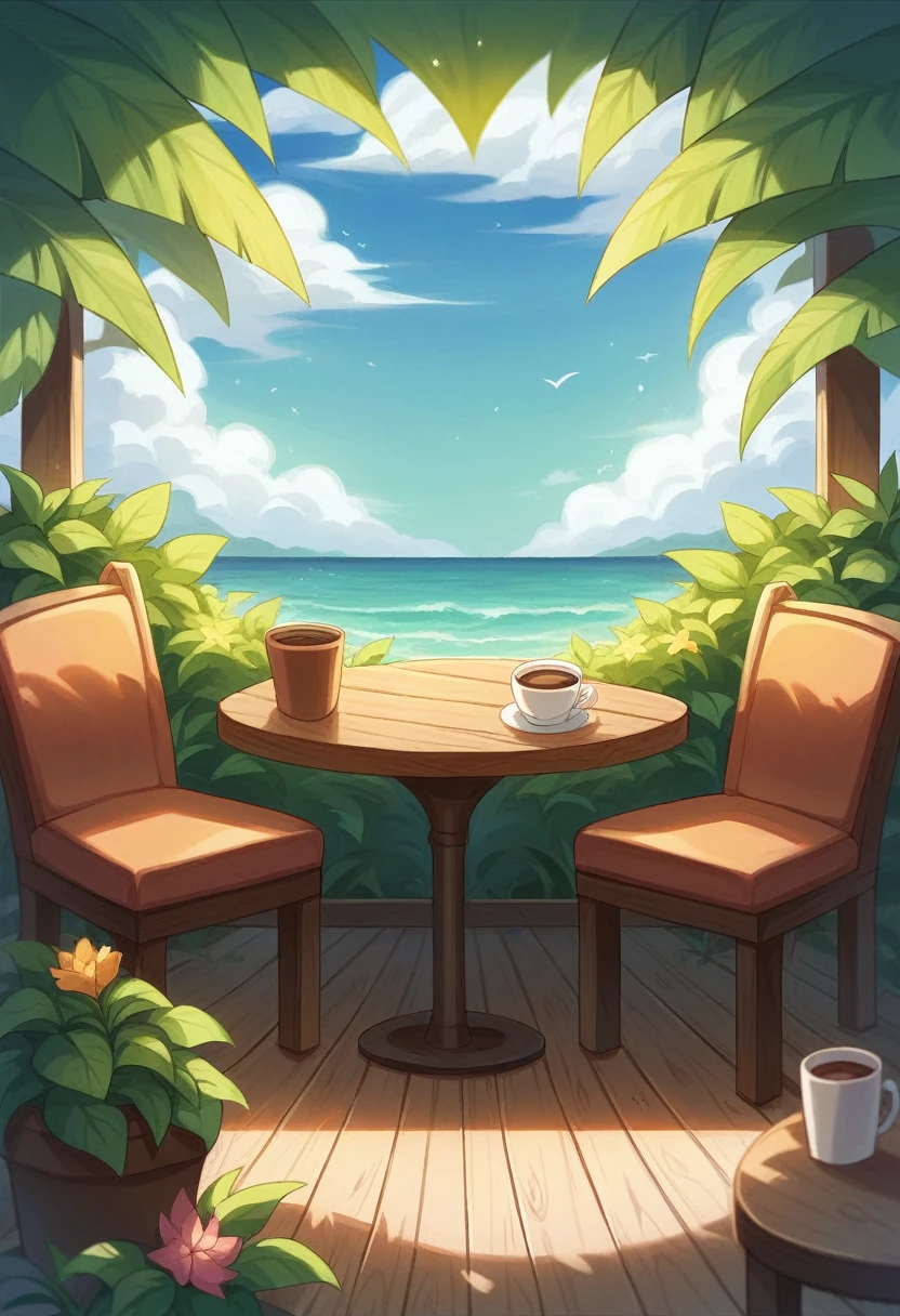 Generate a semi-realistic image of a cozy seaside café on a sunny day. The café should feature an open terrace with wooden tables and chairs, offering a picturesque view of the turquoise ocean and sandy beach. Include detailed elements like a few patrons enjoying coffee, lush greenery around the café, and vibrant flowers in pots. The sky should be clear with a few fluffy clouds, and the sunlight should create soft, warm shadows. The overall atmosphere should feel relaxed and inviting, capturing the essence of a perfect day by the sea.