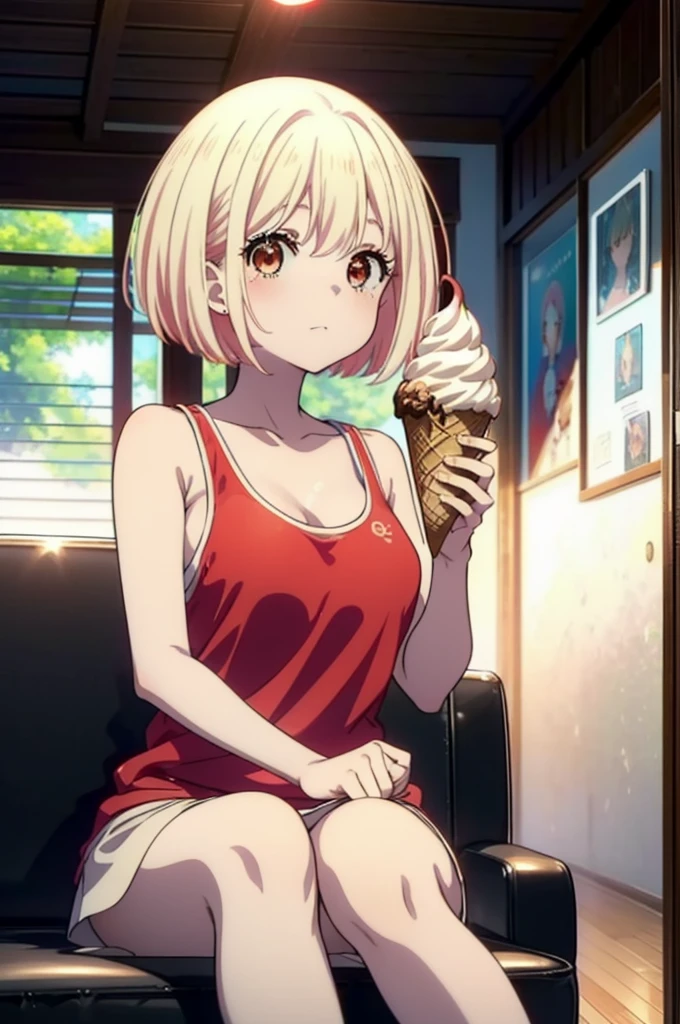  Chisato Nishikigi, short hair, bangs, Blonde, (Red eyes:1.5), Bobcut,smile,Open your mouth,Sweat,Red Tank Top,Shorts,barefoot,barefoot,Sitting on the sofa,Holding an ice cream in one hand,Eating ice cream,Daytime,True Summer,whole bodyがイラストに入るように,
break outdoors,room,
break looking at viewer, whole body,
break (masterpiece:1.2), Highest quality, High resolution, unity 8k wallpaper, (figure:0.8), (Beautiful attention to detail:1.6), Highly detailed face, Perfect lighting, Highly detailed CG, (Perfect hands, Perfect Anatomy),