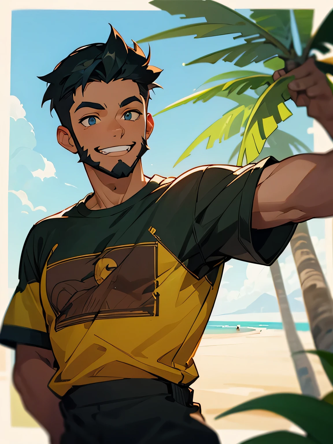 front view,solo,upperbody,black short man's hair,sidecut,back cut,man's eyes,male's nose, make's mouth,beard:0.6,(dark skin),grin,tropical design t-shirts,summer time,