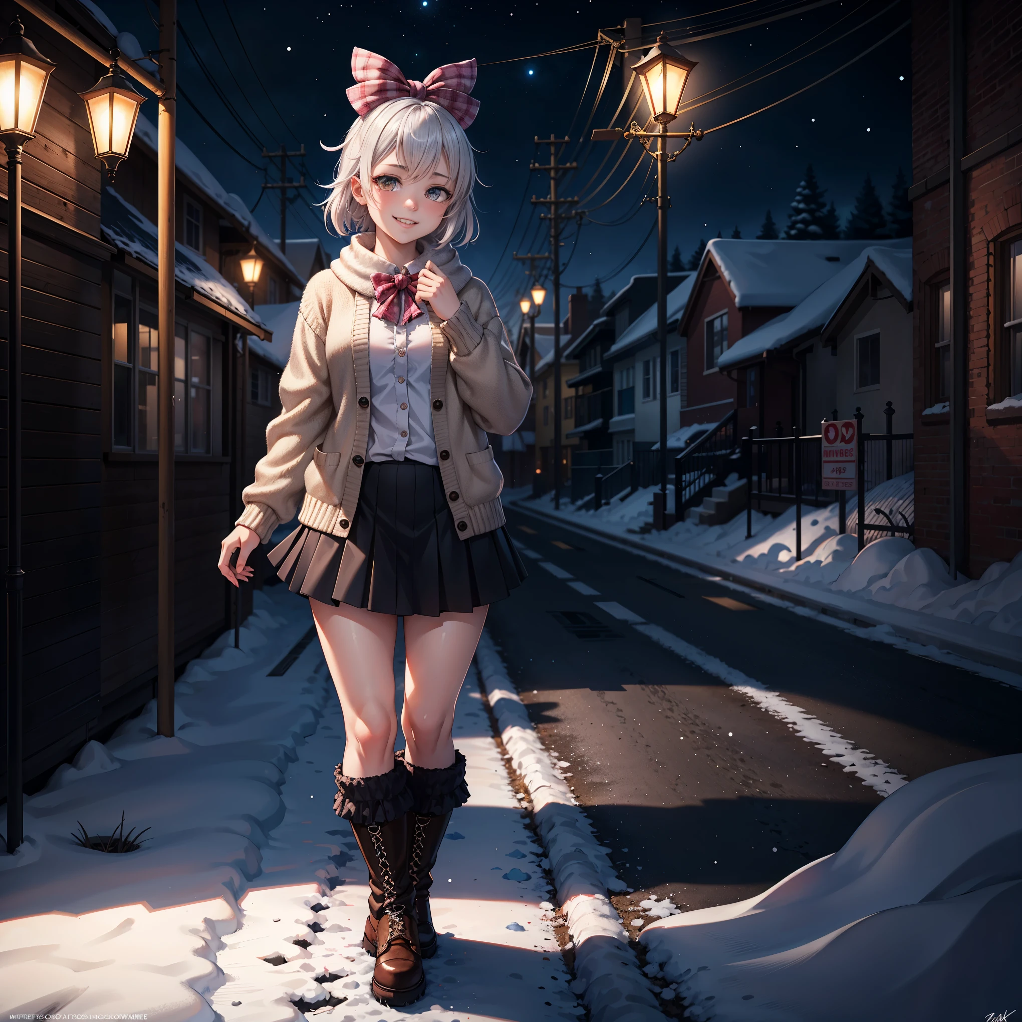 (masterpiece:1.2), best quality, highres, original, (extremely detailed:1.2), ultra-detailed, wallpaper, perfect lighting,(extremely detailed CG:1.2), 8k, anime illustration, 1girl, solo, smiling, (winter outfit:1.2), standing on the street, (knit cardigan:1.1), (bowknot on cardigan:1.25), knee-length skirt, (Ruffled hemline:1.3), winter boots, {delicate|detailed}clothes, (anatomically correct:1.34), close-up, full-body, looking at viewer, frontal, snowy street, (streetlight:1.17), city background, night, unity 4k