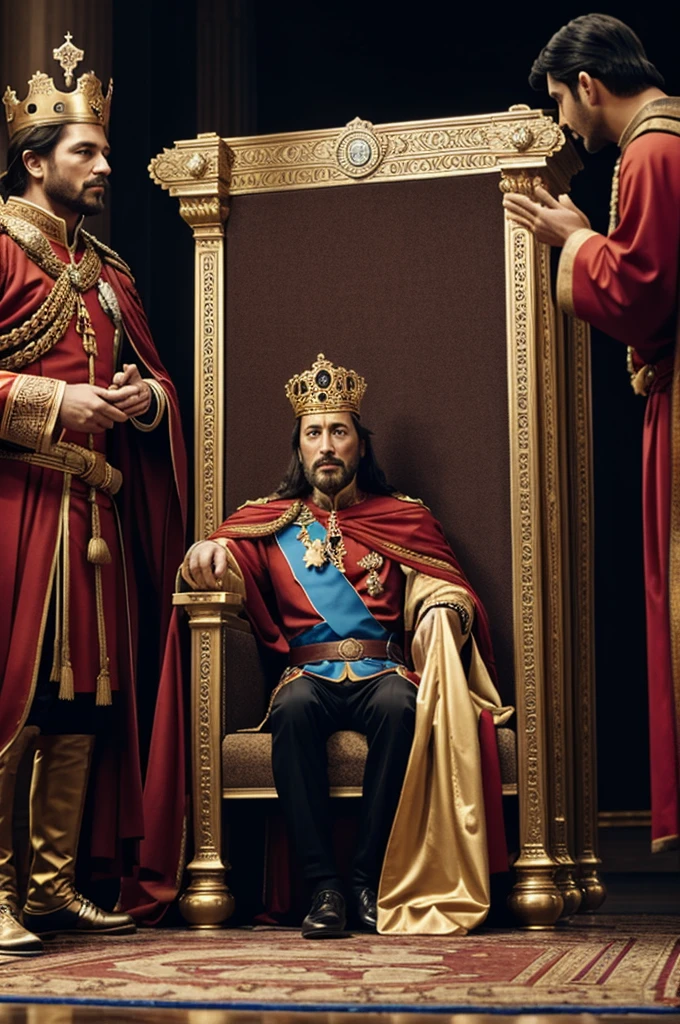 Create an image of a king talking to his subjects 
