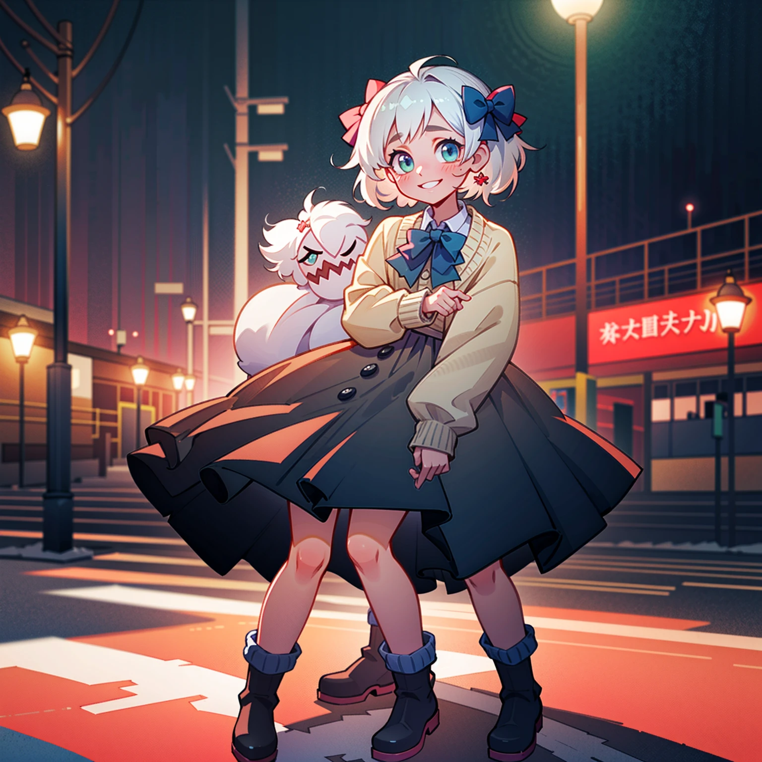 (masterpiece:1.2), best quality, highres, original, (extremely detailed:1.2), ultra-detailed, wallpaper, perfect lighting,(extremely detailed CG:1.2), 8k, anime illustration, 1girl, solo, smiling, (winter outfit:1.2), standing on the street, (knit cardigan:1.1), (bowknot on cardigan:1.25), knee-length skirt, (Ruffled hemline:1.3), winter boots, {delicate|detailed}clothes, (anatomically correct:1.34), close-up, full-body, looking at viewer, frontal, snowy street, (streetlight:1.17), city background, night, unity 4k