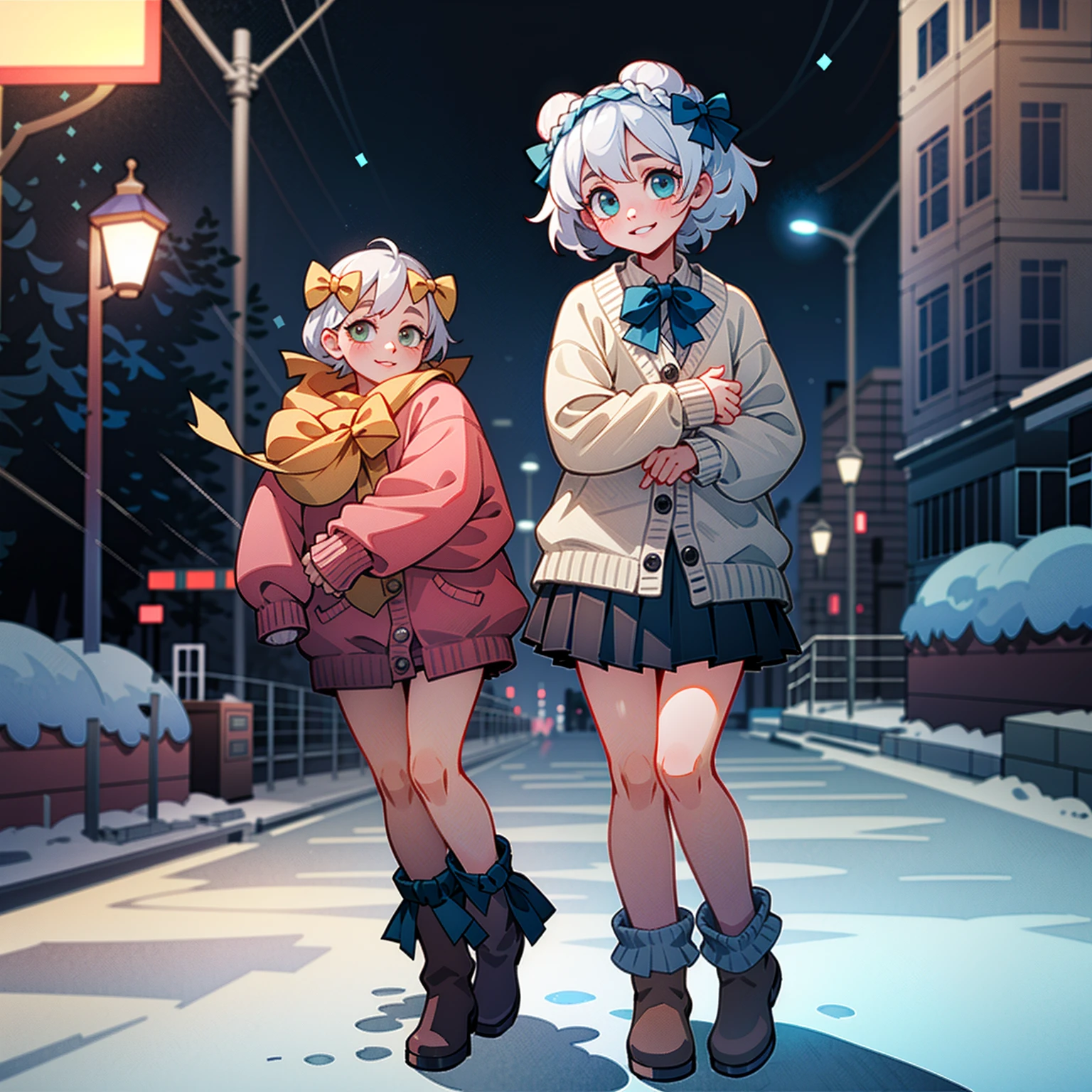 (masterpiece:1.2), best quality, highres, original, (extremely detailed:1.2), ultra-detailed, wallpaper, perfect lighting,(extremely detailed CG:1.2), 8k, anime illustration, 1girl, solo, smiling, (winter outfit:1.2), standing on the street, (knit cardigan:1.1), (bowknot on cardigan:1.25), knee-length skirt, (Ruffled hemline:1.3), winter boots, {delicate|detailed}clothes, (anatomically correct:1.34), close-up, full-body, looking at viewer, frontal, snowy street, (streetlight:1.17), city background, night, unity 4k