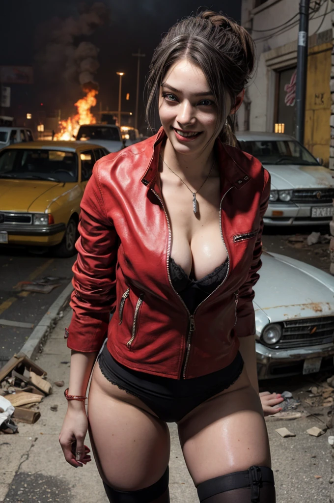 1girl, (realistic),(hyperrealism),(best quality),(masterpiece),(ultra high res),(photorealistic),idol,eye makeup,detailed eyes,detailed face, claireredfield2, brown hair, (red jacket:1.2), ponytail,,  red wristband,,  abandoned street, burning cars in background, littered street, smoke, chaos, zombie apocalypse, daytime, sunny,,  looking at viewer, smiling, closeup shot,,  sexy pose, seductive, flirting, sexy lingerie, sexy stockings, lingerie suspenders