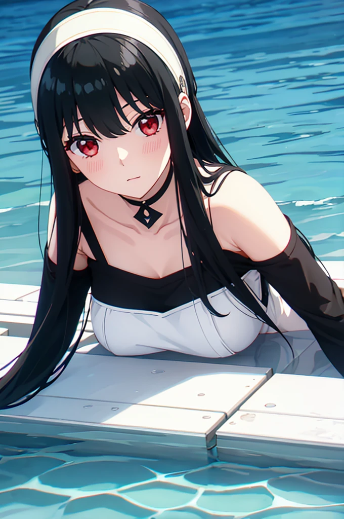 White hair band、Red eyes、Black Hair、Yor Briar、water surface、Lying face down facing the camera、One Girl、water surfaceで寝そべっている、