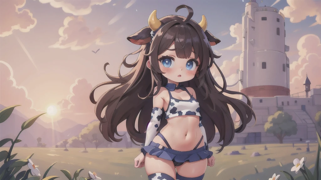 by ttosom, 1 girl, CuteStyle, blue eyes, brown hair, long hair with bangs, flowing hair, dressed in leotard, cow print, cow ears, cow tail, fingerless black gloves, neckline, medium chest, large hips, standing outside in the middle of a field, day, beautiful clouds, sweat on all over the body, specks of dust in the air, looking at the viewer, background color, detailed, beautiful, delicate tone