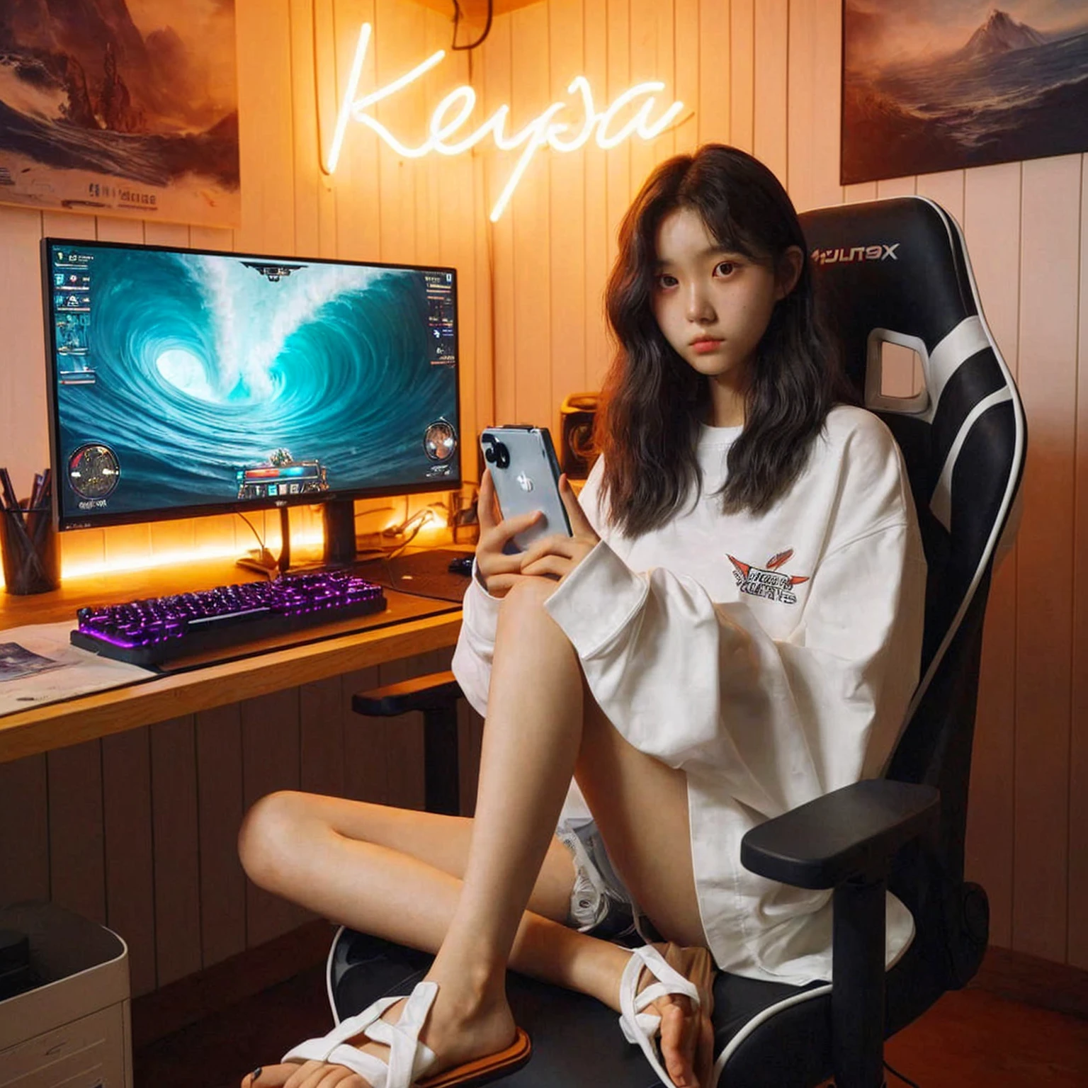 An 18-year-old Korean girl, wearing an oversized white shirt, sits on a gaming chair facing forward. A computer on the table next to her is displaying the game Wuthering Waves. The background is a gaming room with neon lights that spell "Keysa." Realistic image, UHD, masterpiece, 4K, close-up photo. Raw photo