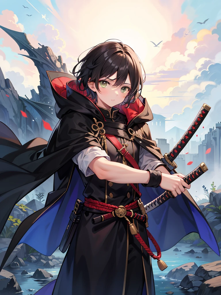 masculine age boy, medium length black hair, brown eyes, black cloak, holding sheathed katana