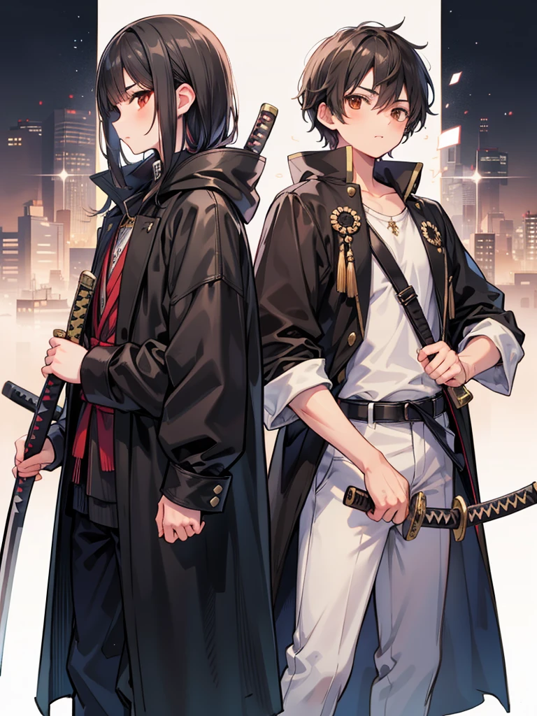 masculine age boy, medium length black hair, brown eyes, black cloak, holding sheathed katana