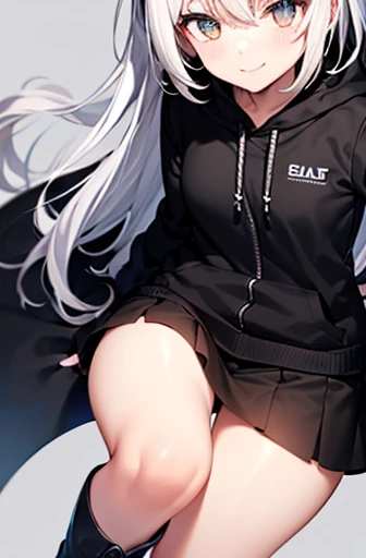 2 girls, White hair, gold eyes, Little smile, black jacket, White shirt, short black skirt,black boots, black face mask, hoodie.