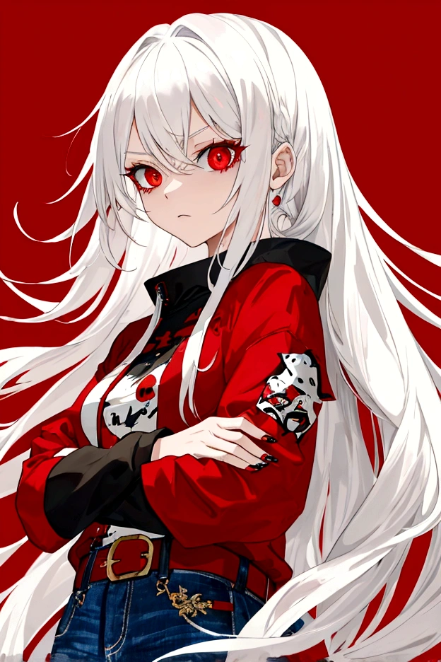 (work of art), (best quality), (1girl), White hair, Red eyes, menacing look, distressed jeans, black and red striped t-shirt, green coat