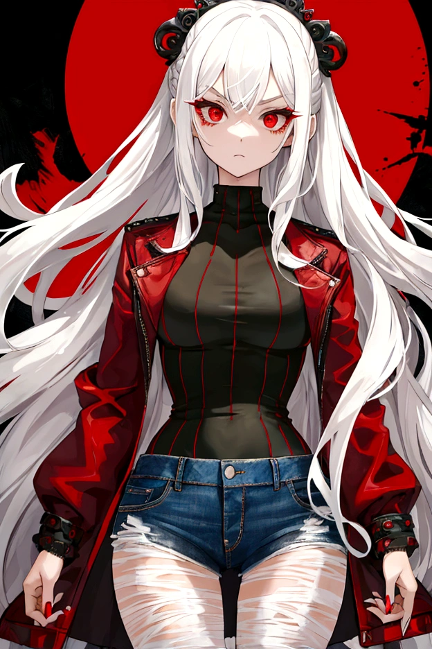 (work of art), (best quality), (1girl), White hair, Red eyes, menacing look, distressed jeans, black and red striped t-shirt, green coat